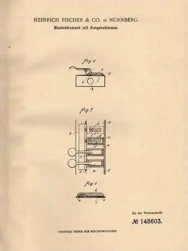 Original Patentschrift - Heinrich Fischer & Co in Nürnberg , 1903 , Tuba , Posaune , Trompete !!!