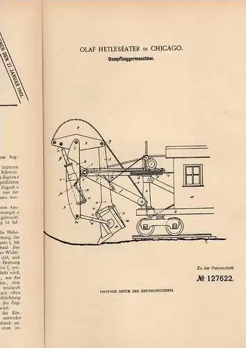 Original Patentschrift - Dampfbagger , Bagger , 1900 , O. Hetlesater in Chicago , Dampfmaschine !!!