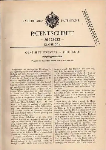 Original Patentschrift - Dampfbagger , Bagger , 1900 , O. Hetlesater in Chicago , Dampfmaschine !!!