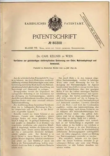 Original Patentschrift - Dr. C. Kellner in Wien , 1893, Gewinnung von Chlor und Ammoniak , Chemie !!!