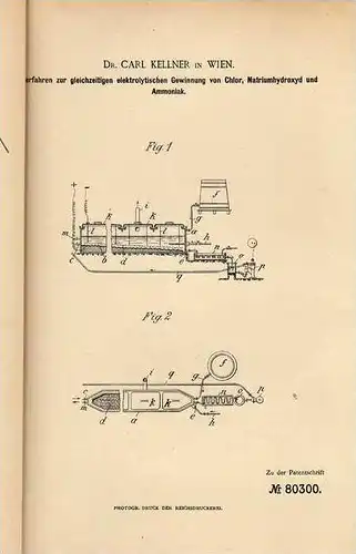 Original Patentschrift - Dr. C. Kellner in Wien , 1893, Gewinnung von Chlor und Ammoniak , Chemie !!!