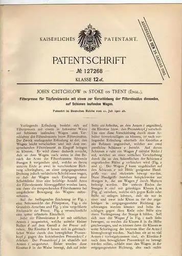 Original Patentschrift - J. Chitchlow in Stoke on Trent , England , 1900 , Filterpresse für Töpferei , Töpfer , Presse !