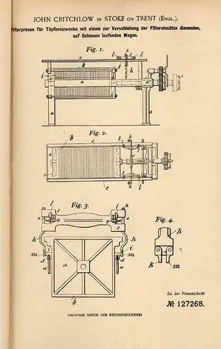 Original Patentschrift - J. Chitchlow in Stoke on Trent , England , 1900 , Filterpresse für Töpferei , Töpfer , Presse !