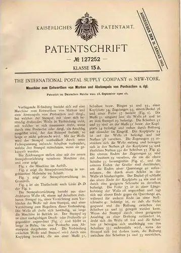 Original Patentschrift -  The internat. Postal Comp. in New York , 1900 , Maschine für Briefmarke und Postsache , Post