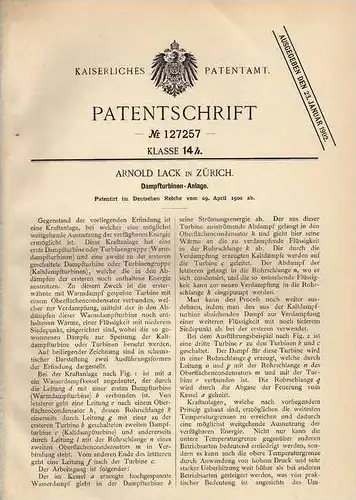 Original Patentschrift - A. Lack in Zürich , 1900 , Dampfturbinenanlage , Turbine , Dampfmaschine !!!