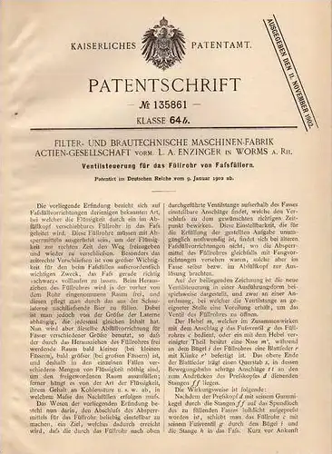 Original Patentschrift - Brautechnische Fabrik in Worms , 1902 , Faßfüller , Brauerei , Bierfass !!!