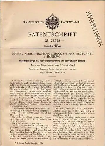 Original Patentschrift - C. Wiese in Hamburg - Eilbeck , 1901 , Boje mit Acetylengasbeleuchtung zur Nachtrettung !!!