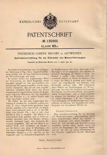 Original Patentschrift - F. Meurer in Antwerpen , 1901 , Schiffsschraube , Propeller , Antrieb für Schiffe !!!
