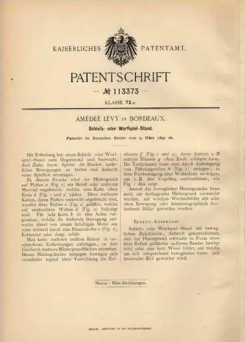 Original Patentschrift - Schießstand , 1899 , Jahrmarkt , Kirmes , Rummel , A. Lévy in Bordeaux !!!