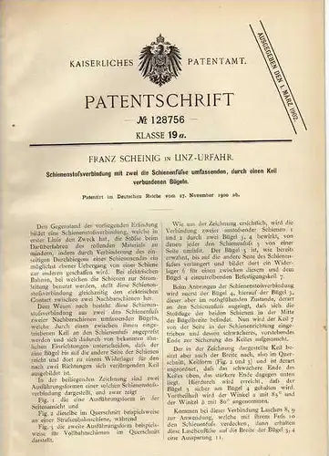 Original Patentschrift - F. Scheinig in Linz - Urfahr , 1900 , Verbindung für Schiene , Eisenbahn !!!