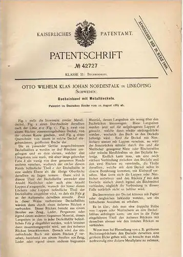 Original Patentschrift - W. Nordenfalk in Linköping , 1887 , Metall - Bucheinband , Buchbinderei !!!
