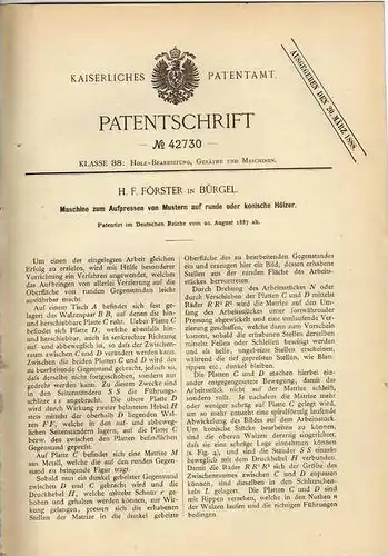 Original Patentschrift - H. Förster in Bürgel , 1887 , Pressmaschine für Muster , Druck , Druckerei !!!