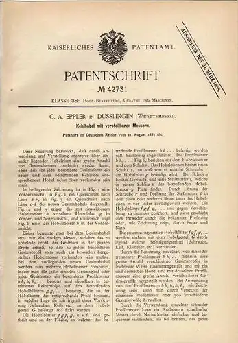 Original Patentschrift - C. Eppler in Dußlingen , 1887 , verstellbarer Kehlhobel , Hobel , Tischler , Dusslingen