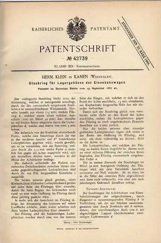 Original Patentschrift - H. Klein in Kamen , 1887 , Lagerung für Eisenbahn !!!