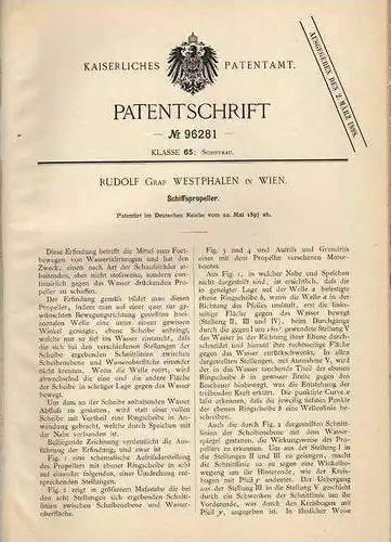 Original Patentschrift - R. Westphalen in Wien , 1897 , Propeller für Schiffe , Schiff !!!