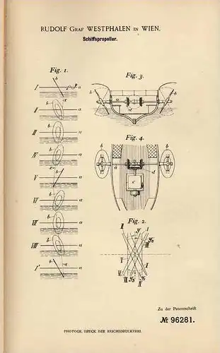 Original Patentschrift - R. Westphalen in Wien , 1897 , Propeller für Schiffe , Schiff !!!