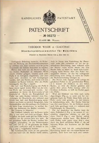 Original Patentschrift - T. Wilde in Glauchau , 1897 , Wächter für Webstuhl , Weberei , Weben !!!