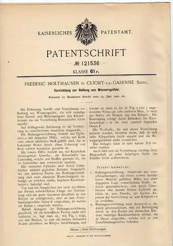 Original Patentschrift - F. Holthausen in Clichy La Garenne , Seine , 1900  ,Salut de l'eau , gilet de sauvetage !!!