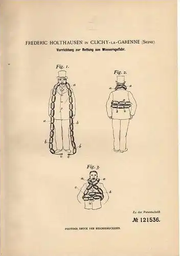 Original Patentschrift - F. Holthausen in Clichy La Garenne , Seine , 1900  ,Salut de l'eau , gilet de sauvetage !!!
