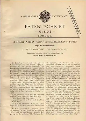 Original Patentschrift - Deutsche Waffen- und Munitionsfabrik in Berlin , 1901 , Lager für Wellenleitungen !!!