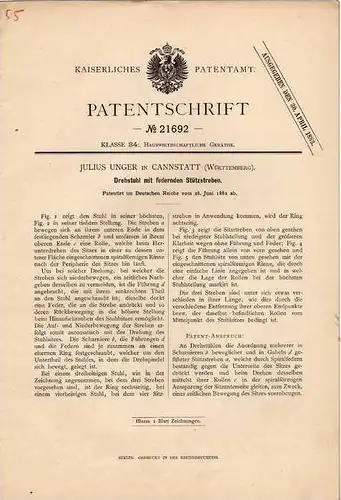 Original Patentschrift - J. Unger in Cannstatt , Würtemberg , 1882 , Drehstuhl !!!