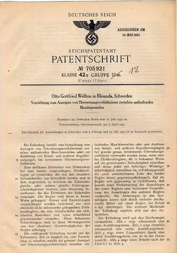 Original Patentschrift - O. Wellton in Rasmunda , Schweden , 1935 , Anzeiger für Übersetzung an Maschinen !!!