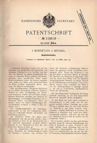 Original Patentschrift - Quetschmaschine , 1900 , J. Bonnetain in Brüssel !!!