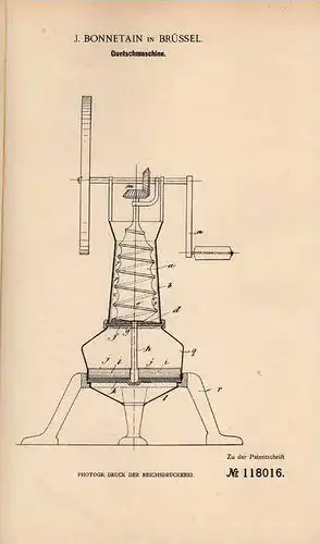 Original Patentschrift - Quetschmaschine , 1900 , J. Bonnetain in Brüssel !!!
