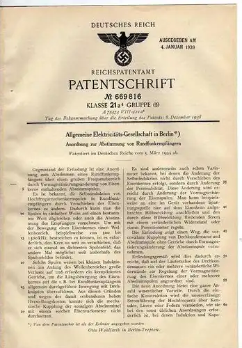 Original Patentschrift - AEG in Berlin , Rundfunkempfänger , Volksempfänger 1935 !!!