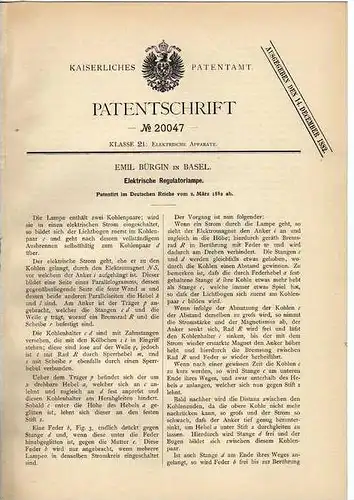 Original Patentschrift -  Elektr. Regulator Lampe , 1882 , E. Bürgin in Basel !!!