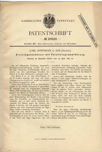 Original Patentschrift - C. Hoffmann in Aue , Sachsen , 1882 , Kreissäge , Sägewerk , Tischlerei , Holz !!!