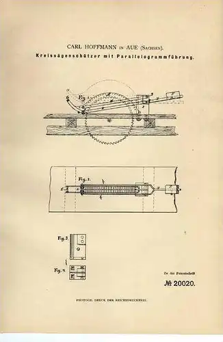 Original Patentschrift - C. Hoffmann in Aue , Sachsen , 1882 , Kreissäge , Sägewerk , Tischlerei , Holz !!!