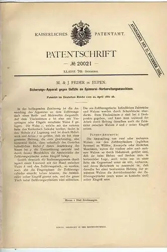 Original Patentschrift - M. Feder in Eupen , 1882 , Unfallsicherung Spinnerei Maschine  !!!