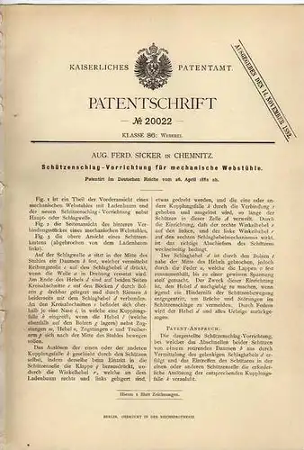 Original Patentschrift - A. Sicker in Chemnitz , 1882 , Webstuhl , Weberei , Weber !!