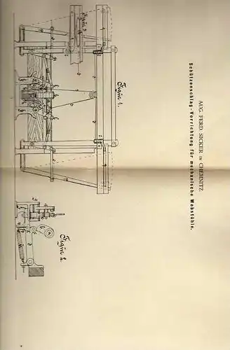 Original Patentschrift - A. Sicker in Chemnitz , 1882 , Webstuhl , Weberei , Weber !!