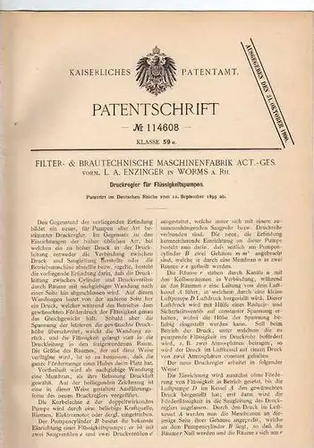Original Patentschrift - Druckregler für Pumpen , Brauerei , 1899 , Worms , Maschinenfabrik  !!!