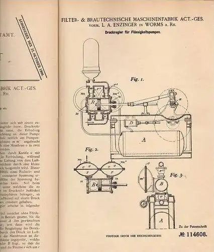 Original Patentschrift - Druckregler für Pumpen , Brauerei , 1899 , Worms , Maschinenfabrik  !!!