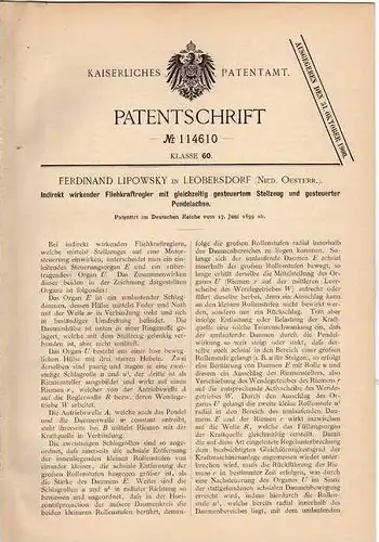 Original Patentschrift - Fliehkraftregler , Technik , 1899 ,F. Lipowsky in Leobersdorf , Österreich  !!!