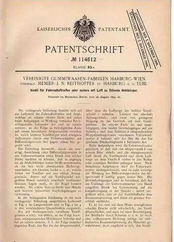 Original Patentschrift - Fahrrad Reifen , Ventil , 1899 , Gummifabrik Harburg a. Elbe - Wien   !!!