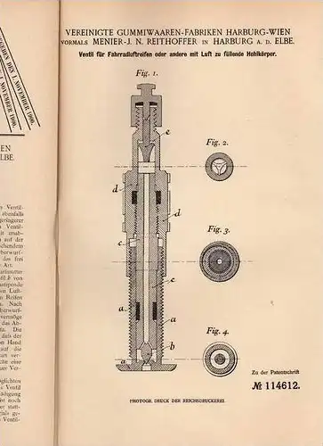 Original Patentschrift - Fahrrad Reifen , Ventil , 1899 , Gummifabrik Harburg a. Elbe - Wien   !!!