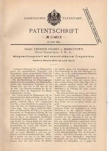 Original Patentschrift - Hängematte , 1899 , I. Palmer in Middletown , USA  !!!