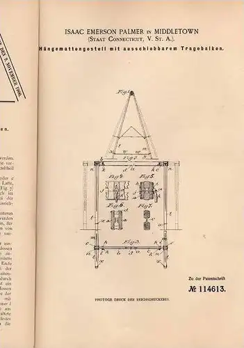 Original Patentschrift - Hängematte , 1899 , I. Palmer in Middletown , USA  !!!