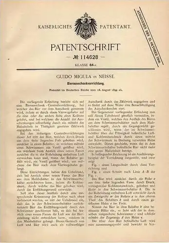 Original Patentschrift - Bierschankvorrichtung , Bier , 1899 , G. Migula in Neisse , Kneipe , Bar !!!
