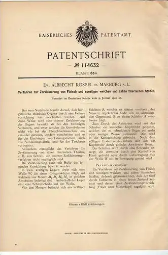 Original Patentschrift - Fleischwolf , Zerkleinerer , 1900 , Dr.A. Kossel in Marburg a. L !!!