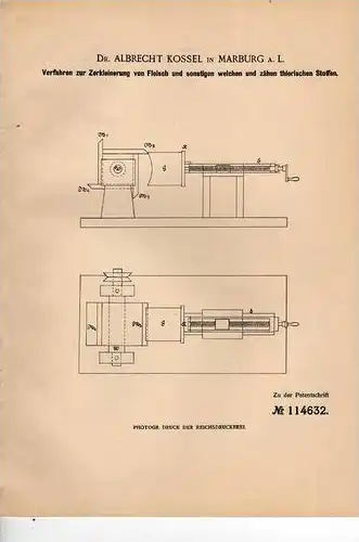 Original Patentschrift - Fleischwolf , Zerkleinerer , 1900 , Dr.A. Kossel in Marburg a. L !!!