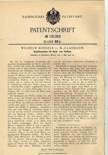 Original Patentschrift - W. Bonsels in Mönchengladbach , 1900 , Schaftmaschine !!!