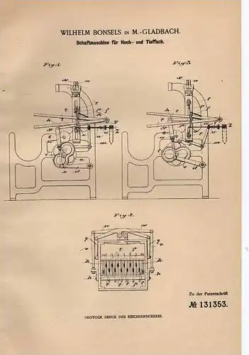 Original Patentschrift - W. Bonsels in Mönchengladbach , 1900 , Schaftmaschine !!!