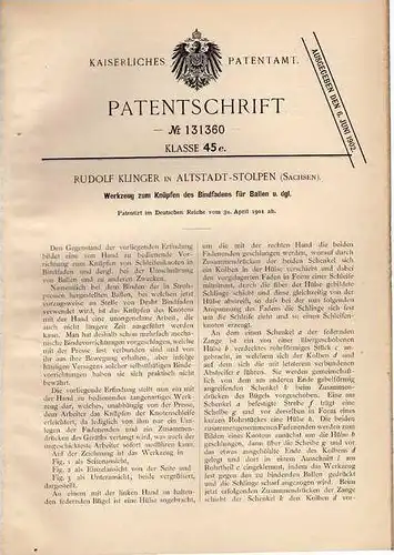Original Patentschrift - R. Klinger in Altstadt - Stolpen i.S., 1901 , Werkzeug für Strohballen , Landwirtschaft , Agrar