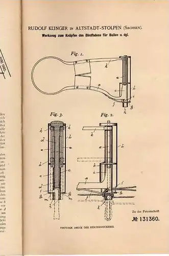 Original Patentschrift - R. Klinger in Altstadt - Stolpen i.S., 1901 , Werkzeug für Strohballen , Landwirtschaft , Agrar