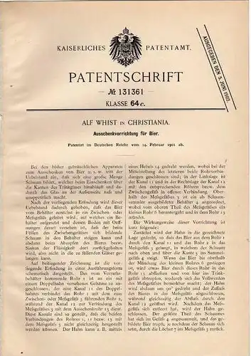 Original Patentschrift - Alf Whist in Christiania ,1901 , Zapfanlage für Bier , Kneipe , Pup , Bar !!!